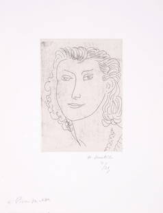 Henri Matisse (1869-1954) Visage de trois quarts (Duthuit 297): Henri Matisse (1869-1954)Visage de trois quarts (Duthuit 297)Etching on chine coll&eacute;, 1946, signed and dedicated '&agrave; Pierre Matisse' in pencil, numbered from the edition of 25, on Arches p