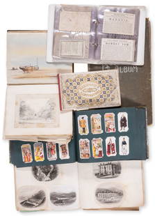 Scrap books and ephemera.- Small group of scrap books and albums of ephemera, 1830.: Scrap books and ephemera.- Small group of scrap books and albums of ephemera, including cigarette cards, postcards, many engraved vignettes, a few drawings, Valentine/In memoriam/