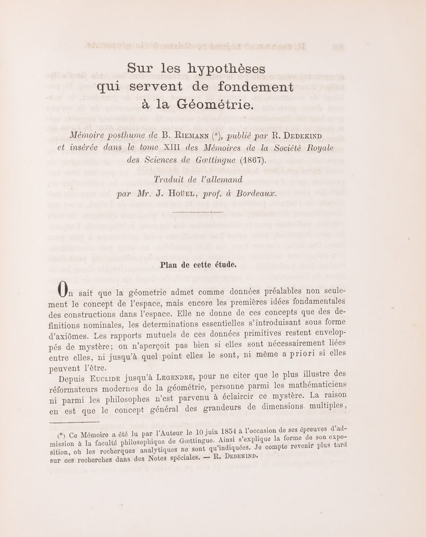 Geometry.- Riemann [(Georg Friedrick Bernhard)] Sur les hypothèses qui servent de fondement à la (1 of 1)