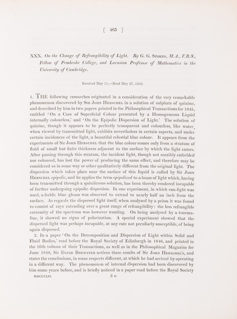 Physics.- Stokes (George Gabriel) On the Change of Refrangibility of Light, in Philosophical (1 of 1)