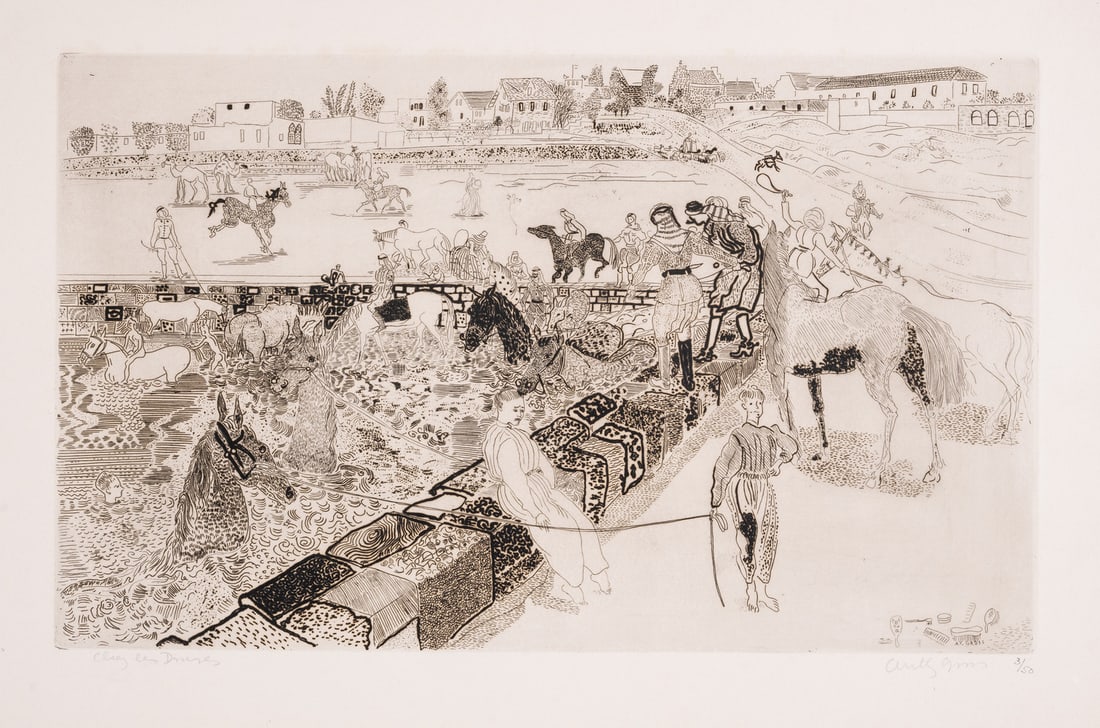 Anthony Gross (1905-1984) Chez les Druses (Arab Horse Bath) (Herdman 5404): Anthony Gross (1905-1984) Chez les Druses (Arab Horse Bath) (Herdman 5404)Etching, 1954, signed and titled in pencil, numbered from the edition of 50, on wove paper, with full margins, sheet 327 x 510