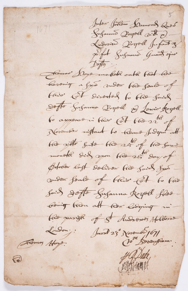 London, St. Andrew, Holborn.- [Affadavit served on Susannah Royall and Ludovic Royall by Thomas Hoye: London, St. Andrew, Holborn.- [Affadavit served on Susannah Royall and Ludovic Royall by Thomas Hoye to appear to hear judgement], D.s., manuscript, 1p. with conjugate blank, fold