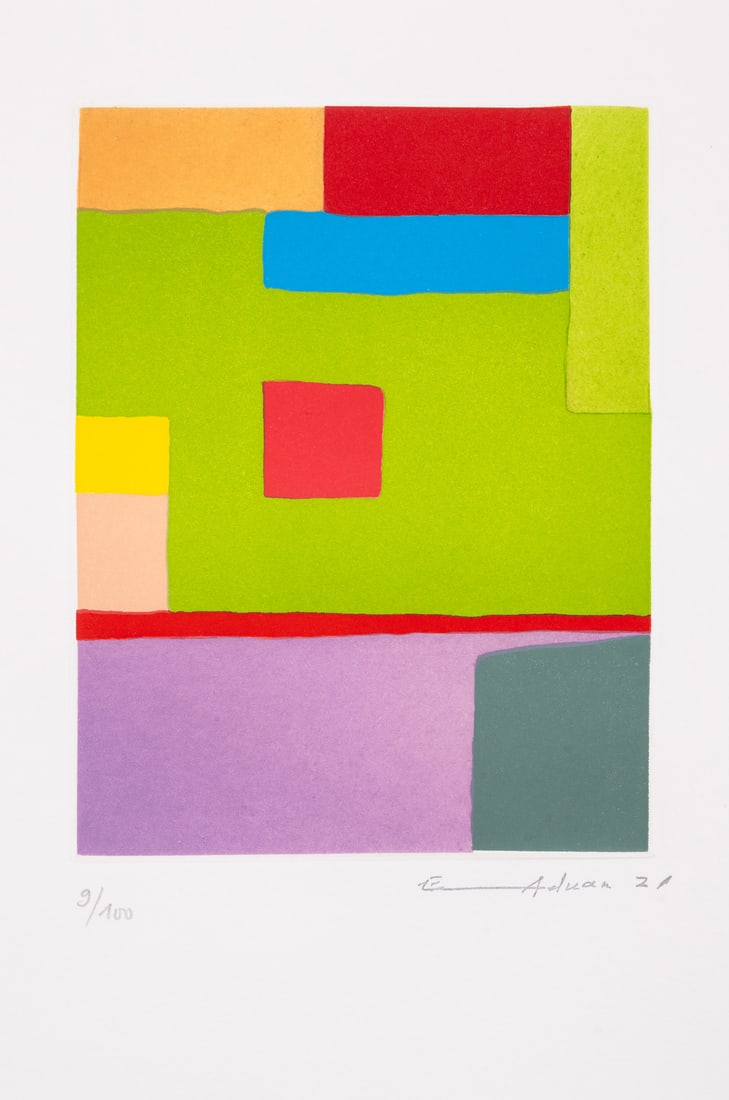 Etel Adnan (1925-2021) Fil du Temps: Etel Adnan (1925-2021) Fil du Temps Etching printed in colours, 2021, with the artist's stamped signature, numbered from the edition of 100, published by Galerie Lelong & Co., Paris, in the origin