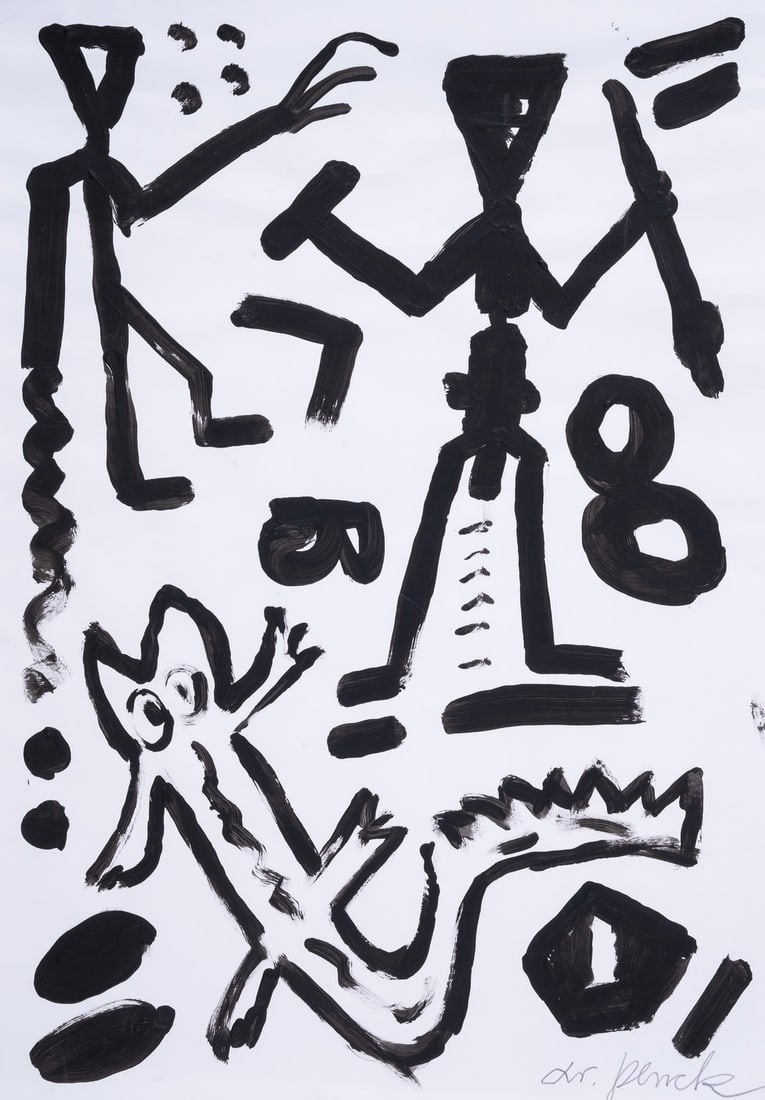 A.R. Penck (1939-2017) Untitled: A.R. Penck (1939-2017) Untitled Gouache on wove paper, circa 1980s, signed in pencil, sheet 420 x 296mm (16 1/2 x 11 5/8in) (unframed) Provenance: Gifted by the artist. Acquired from the above