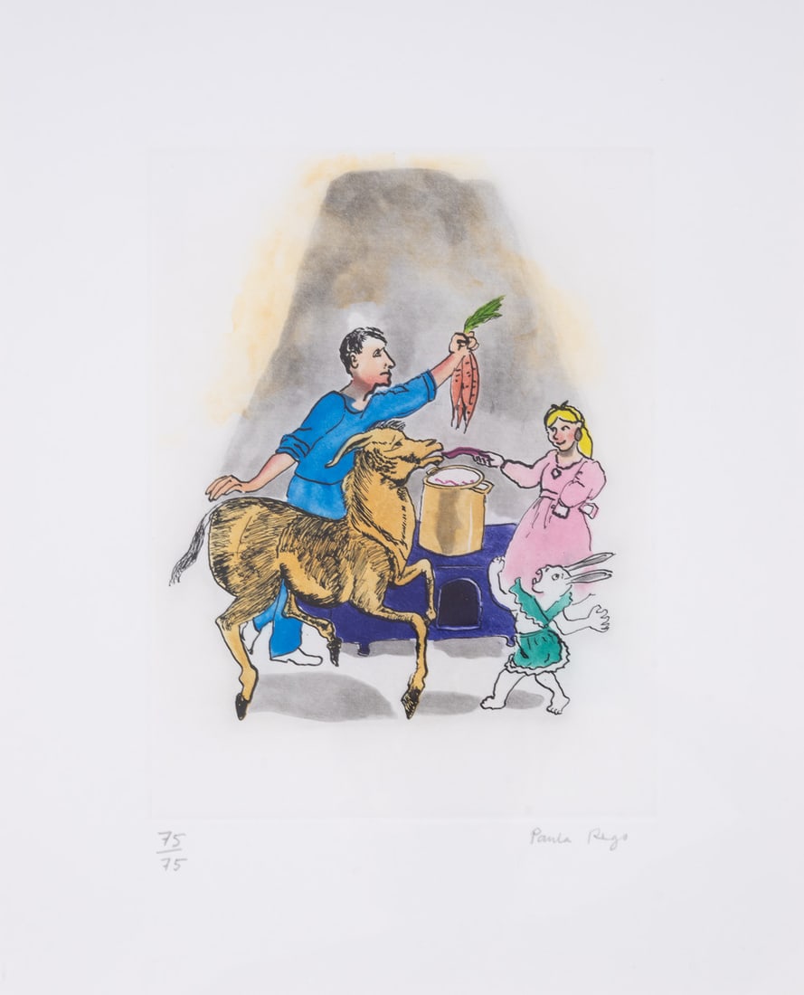 Paula Rego (1935-2002) Adjusting the Recipe, from Stone Soup: Paula Rego (1935-2002)Adjusting the Recipe, from Stone SoupThe deluxe edition, 2014, comprising the etching with aquatint printed in colours and the accompanying book, signed in pencil and numbered fr