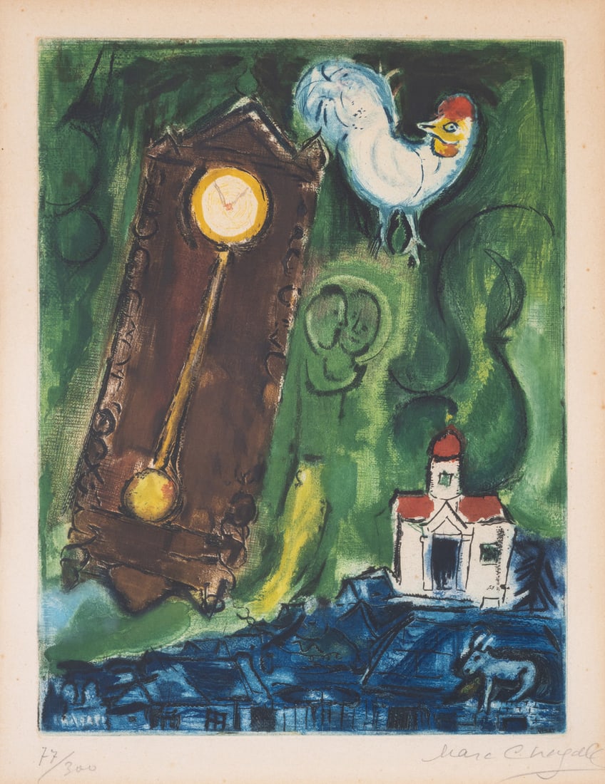 Marc Chagall (1887-1985) after. L'Horloge (Maeght 1202): Marc Chagall (1887-1985) after. L'Horloge (Maeght 1202) Etching with aquatint printed in colours, circa 1950, signed in pencil, numbered from the edition of 300, printed by G. Visat, published by Maeg