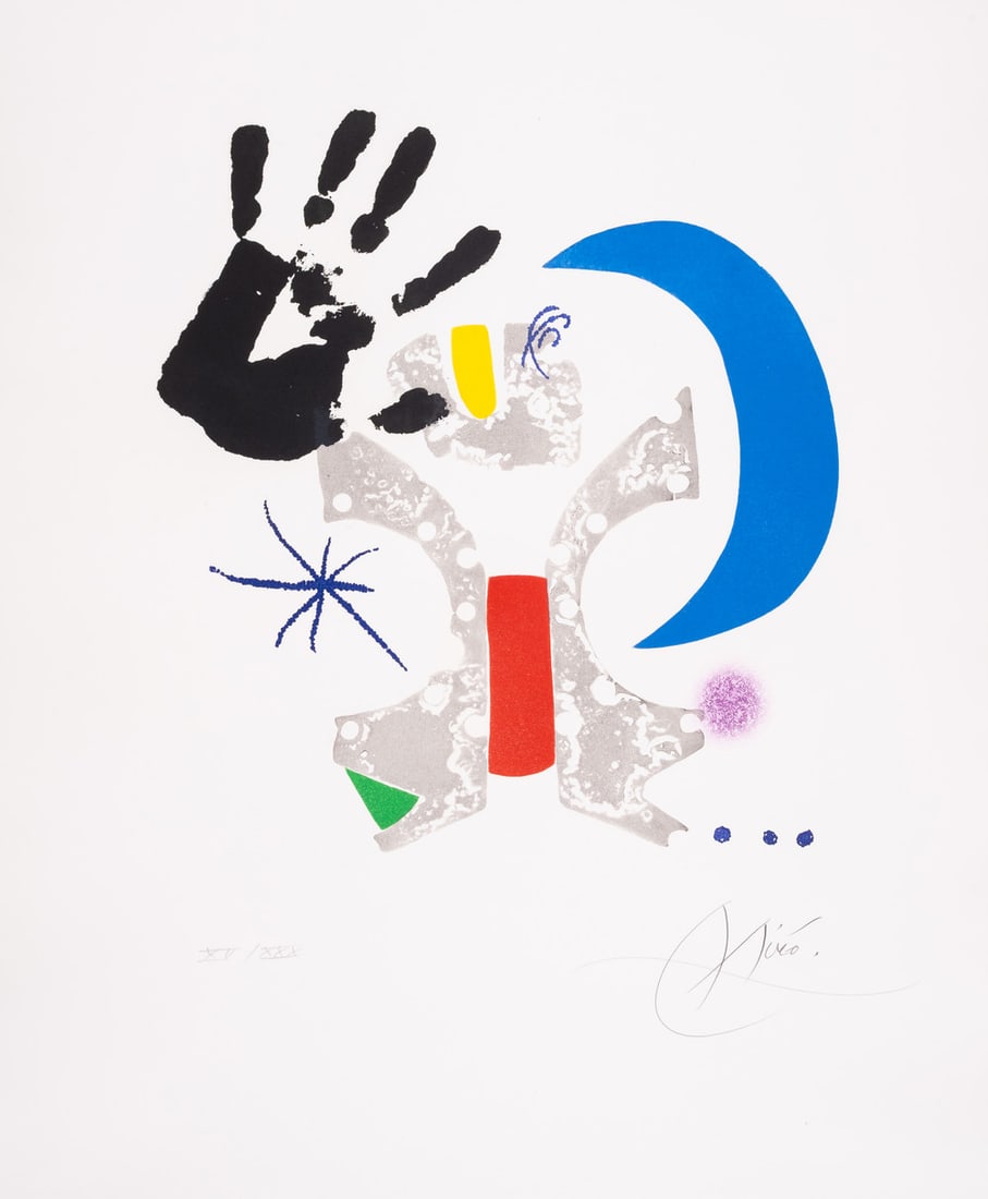 Joan Miró (1893-1983) Bonjour Max Ernst (Dupin 936): Joan Miró (1893-1983) Bonjour Max Ernst (Dupin 936) Etching with aquatint and embossing printed in colours, 1976, signed in pencil, numbered from the edition of 30 in roman numerals, published