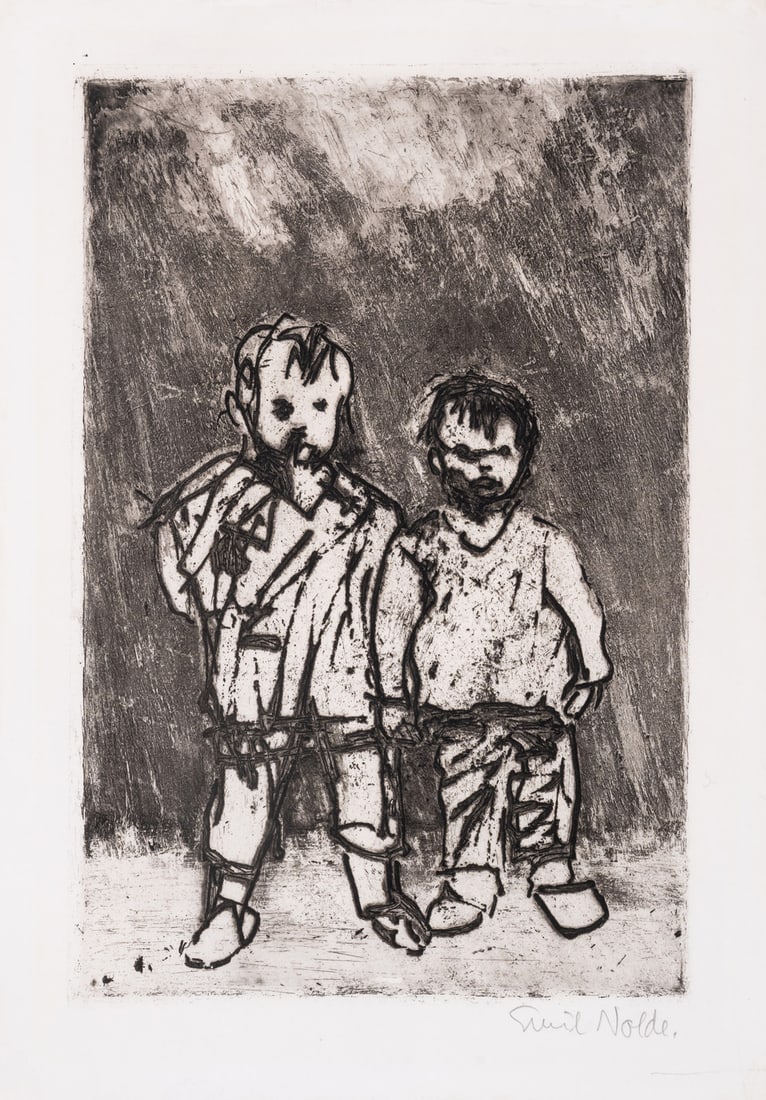 Emil Nolde (1867-1956) Lausbuben (Schiefler 103): Emil Nolde (1867-1956)Lausbuben (Schiefler 103)Etching, 1908, signed in pencil, on wove paper, with wide margins, sheet 347 x 267mm (13 5/8 x 10 1/2in) This lot is sold subject to Artists Resale Right