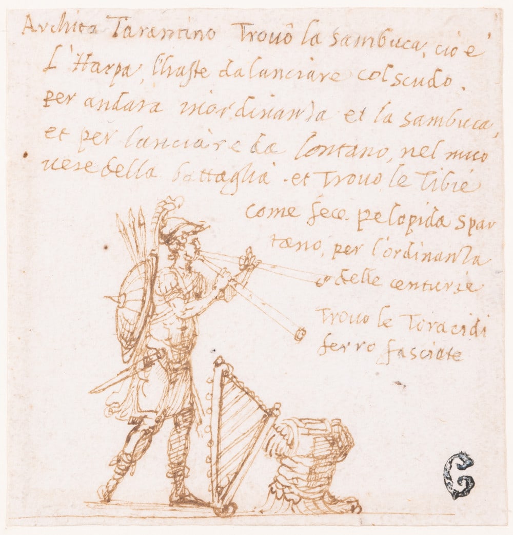 Pirro Ligorio (circa 1512-1583) Greek mythological figure playing the aulos, with a harp and armour (1 of 1)