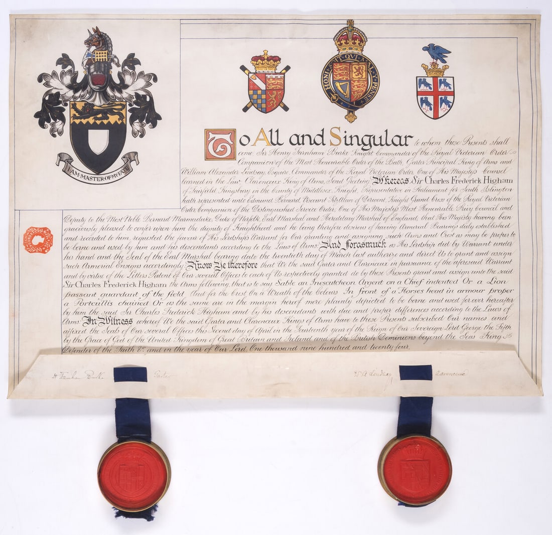 Heraldry.- Farnham Burke (Sir Henry) & Lindsay (William Alexander) Grant of Arms to Sir Charles: Heraldry.- Farnham Burke (Sir Henry, herald, Garter King of Arms, 1859-1930) & Lindsay (William Alexander, herald, Clarenceux King of Arms, 1846-1926) Grant of