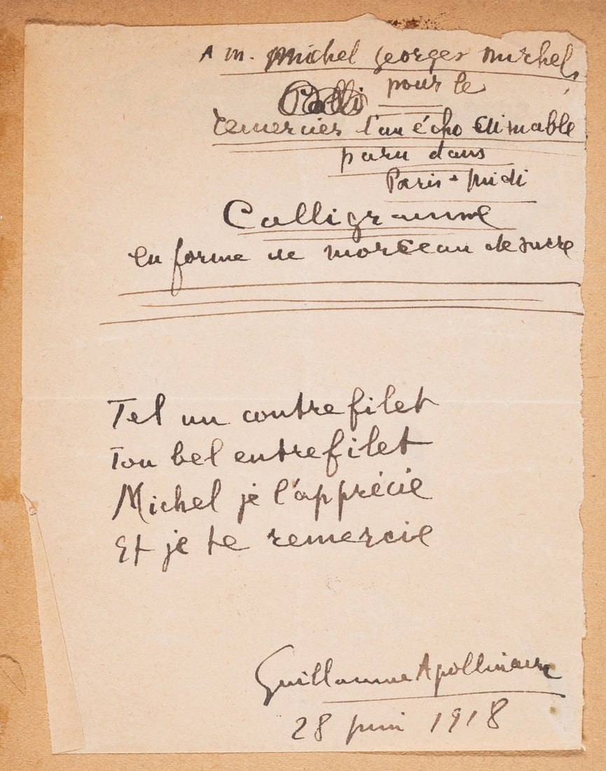 Apollinaire (Guillaume) Calligrammes, first edition, signed presentation inscription and a: Apollinaire (Guillaume) Calligrammes, first edition, signed presentation inscription on first blank and a manuscript calligrammatic poem by the author to Michel Georges-Michel tipped-in, half-title de