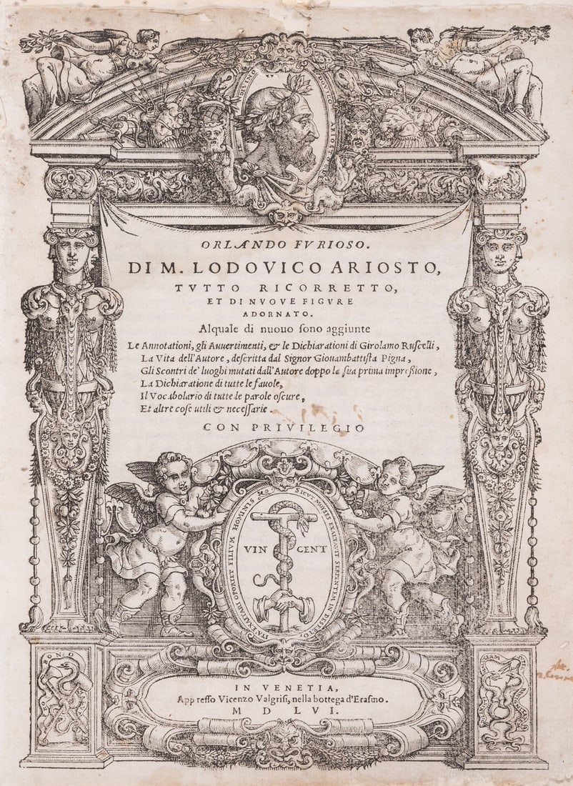 Ariosto (Lodovico) Orlando Furioso, 2 vol. in 1, Venice, Vicenzo Valgrisi, 1556.: Ariosto (Lodovico) Orlando Furioso, 2 vol. in 1, collation: *-3*4 A-Z8 a-k8 l-n4 o2; a-l4 M-P