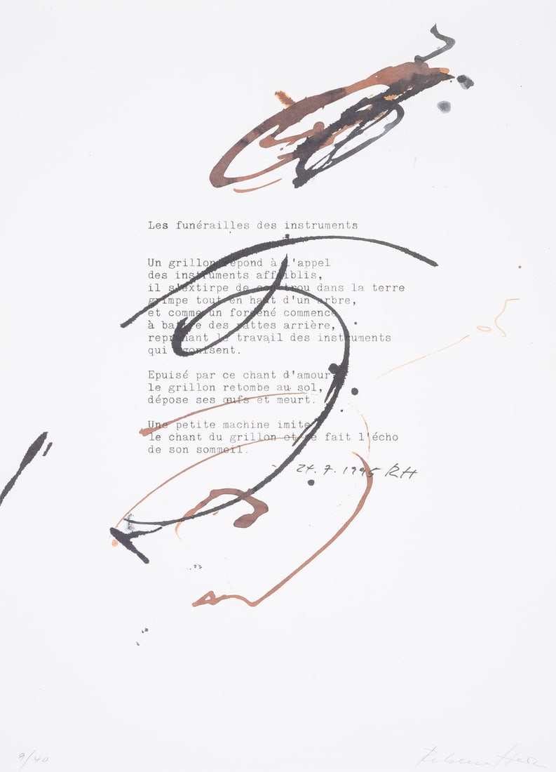 Rebecca Horn (1944-2024) Les funérailles des instruments: Rebecca Horn (1944-2024) Les funérailles des instruments Offset lithograph printed in colours, 1995, signed in pencil, numbered from the edition of 40, on wove paper, the full sheet printed to the ed