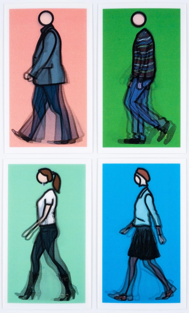 Julian Opie (b.1958) Tina Walking; Roderick Walking; Jennifer Walking and Jeremy Walking in Stripy: Julian Opie (b.1958)Tina Walking; Roderick Walking; Jennifer Walking and Jeremy Walking in Stripy JumperFour lenticular postcards, 2010, published by Alan Cristea Gallery, London, the full sheets prin