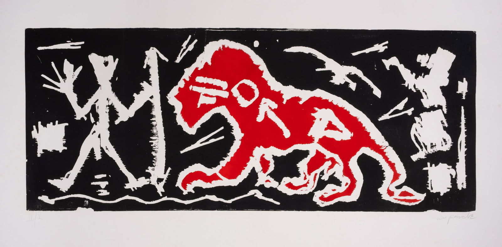 A.R. Penck (1939-2017) Ich in England (Red Lion): A.R. Penck (1939-2017) Ich in England (Red Lion) Woodcut printed in colours, 1985, signed and inscribed 'IV/V' in pencil, a printer's proof aside from the edition of 35, printed by Jack Shirreff at 10