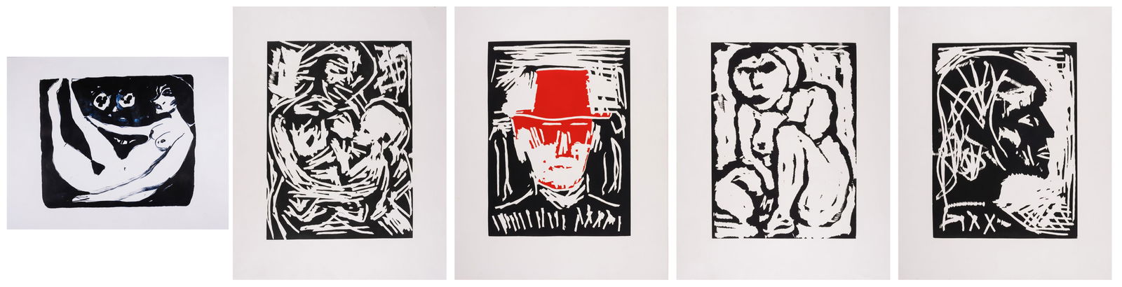 A.R. Penck (1939-2017) Untitled (Five works): A.R. Penck (1939-2017)Untitled (Five works)Four woodcuts and one lithograph. circa 1989, printed by Jack Shirreff at the 107 Workshop, Wiltshire, on wove paper, largest sheet 890 x 1125mm (35 x 4