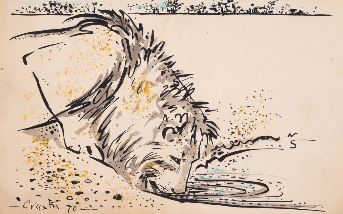 John Craxton (1922-2009) Lion drinking: John Craxton (1922-2009)Lion drinkingLinocut, worked up with original hand-colouring, 1970, on sturdy buff wove paper, sheet 148 x 217 mm (5 3/4 x 8 1/2 in) (unframed)Provenance:Gifted by the artist t