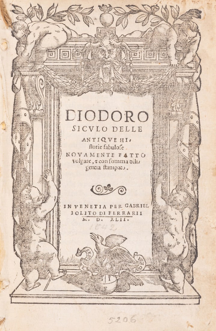 Diodorus Siculus. Delle antique historie fabulose, contemporary limp vellum, Venice, Gabriel giolito
