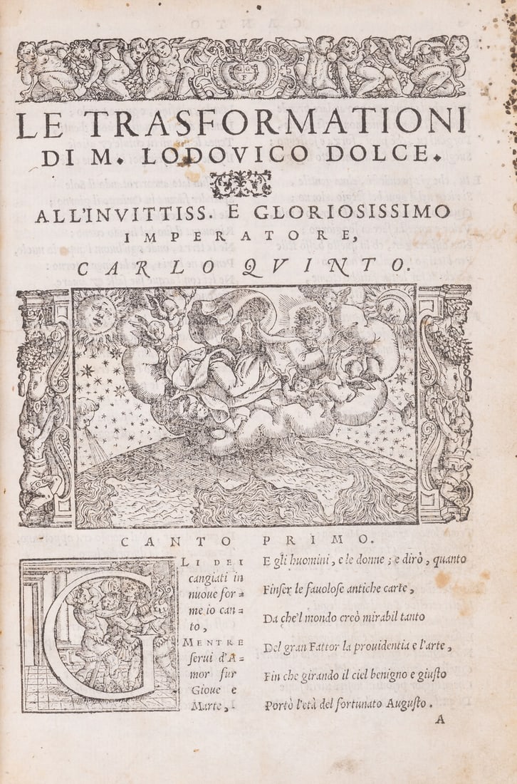 Dolce (Lodovico) Le Trasformationi, Venice, Gabriele Giolito De Ferrari, 1557; and another similar: Dolce (Lodovico) Le Trasformationi, title within ornate woodcut figurative border but defective with lower half torn away and laid-down to sheet, large woodcut pr