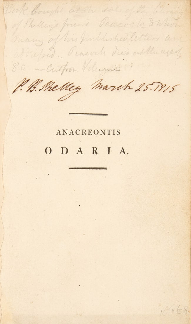Shelley (Percy Bysshe).- Anacreon. Anacreontis Odaria, ad textus Barnesiani fidem emendata. Accedunt (1 of 1)