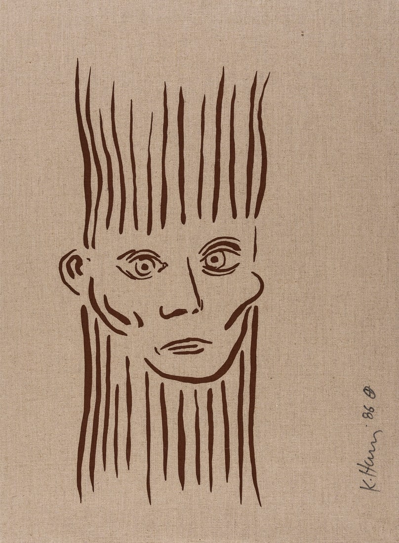 Keith Haring (1958-1990) Portrait of Joseph Beuys Deluxe Edition (See Littmann p.61): Keith Haring (1958-1990) Portrait of Joseph Beuys Deluxe Edition (See Littmann p.61) Screenprint in gold ink on canvas, 1986, signe