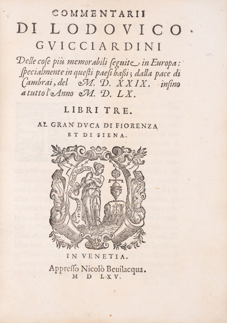 Guicciardini (Lodovico) Commentarii...libri tre, Venice, Nicolò Bevilacqua, 1565. (1 of 1)
