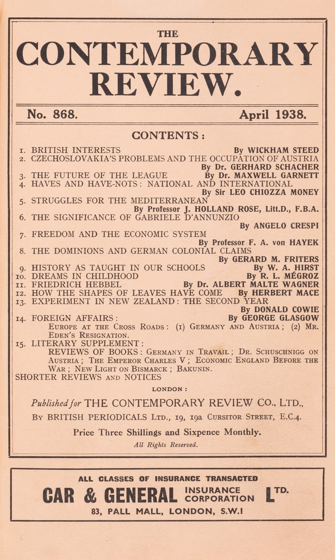 Economics.- Hayek (Friedrich August) Freedom and the Economic System, in The Contemporary Review,: Economics.- Hayek (Friedrich August) Freedom and the Economic System, in The Contemporary Review, no.868, pp.434-442, some ink underlining, origi