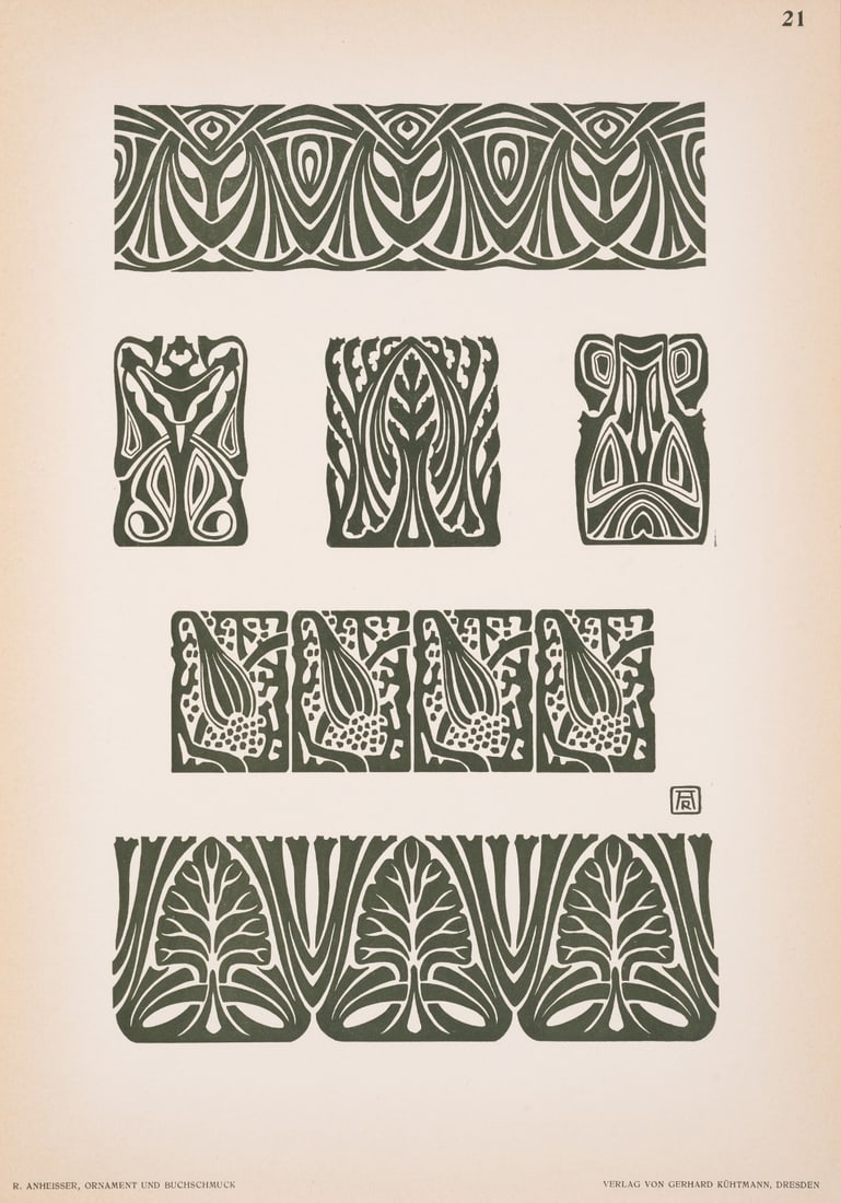 Anheisser (Dr. Roland) Ornament und Buchschmuck, first edition, 35 plates of Art Nouveau designs,