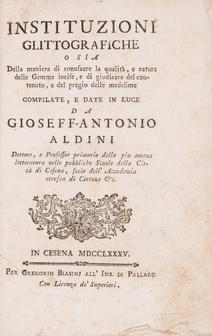 Jewellery.- Aldini (Gioseff-Antonio) Instituzioni Glittograffiche..., Cesena, Gregorio Biasini, 1785 (1 of 1)