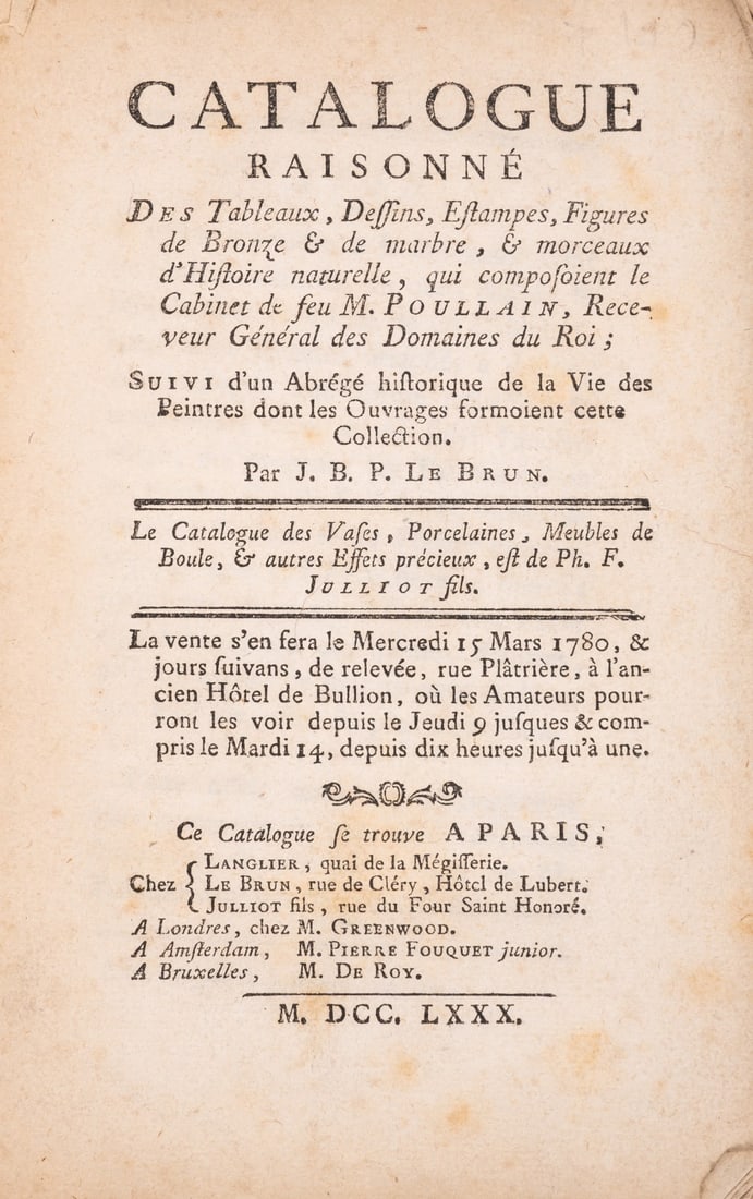 Poullain (Antoine) Catalogue Raisonné des Tableaux, Dessins, Estampes..., sale catalogue, (1 of 1)