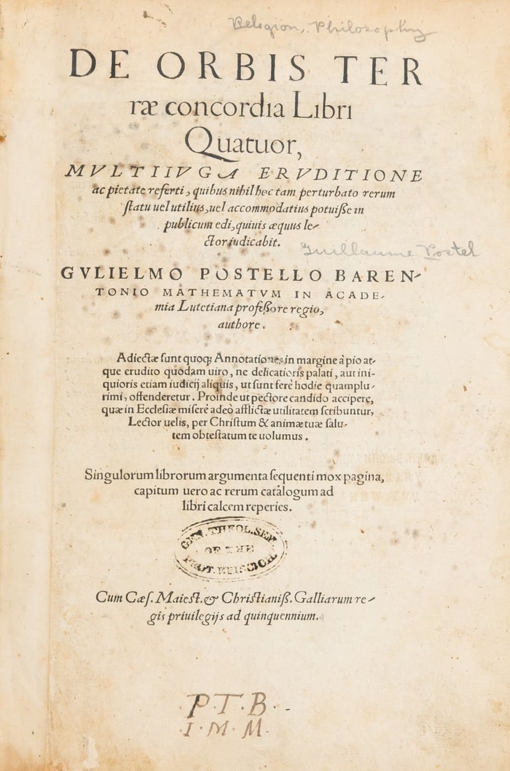 Postel (Guillaume) De orbis terrae concordia libri quatuor, [Basel, Johann Oporinus], [1544]. (1 of 1)