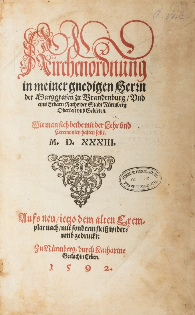 Georg (Brandenburg-Ansbach, Markgraf) Kirchenordnung..., Nuremberg, heirs of Katharina Gerlach, 1592 (1 of 2)