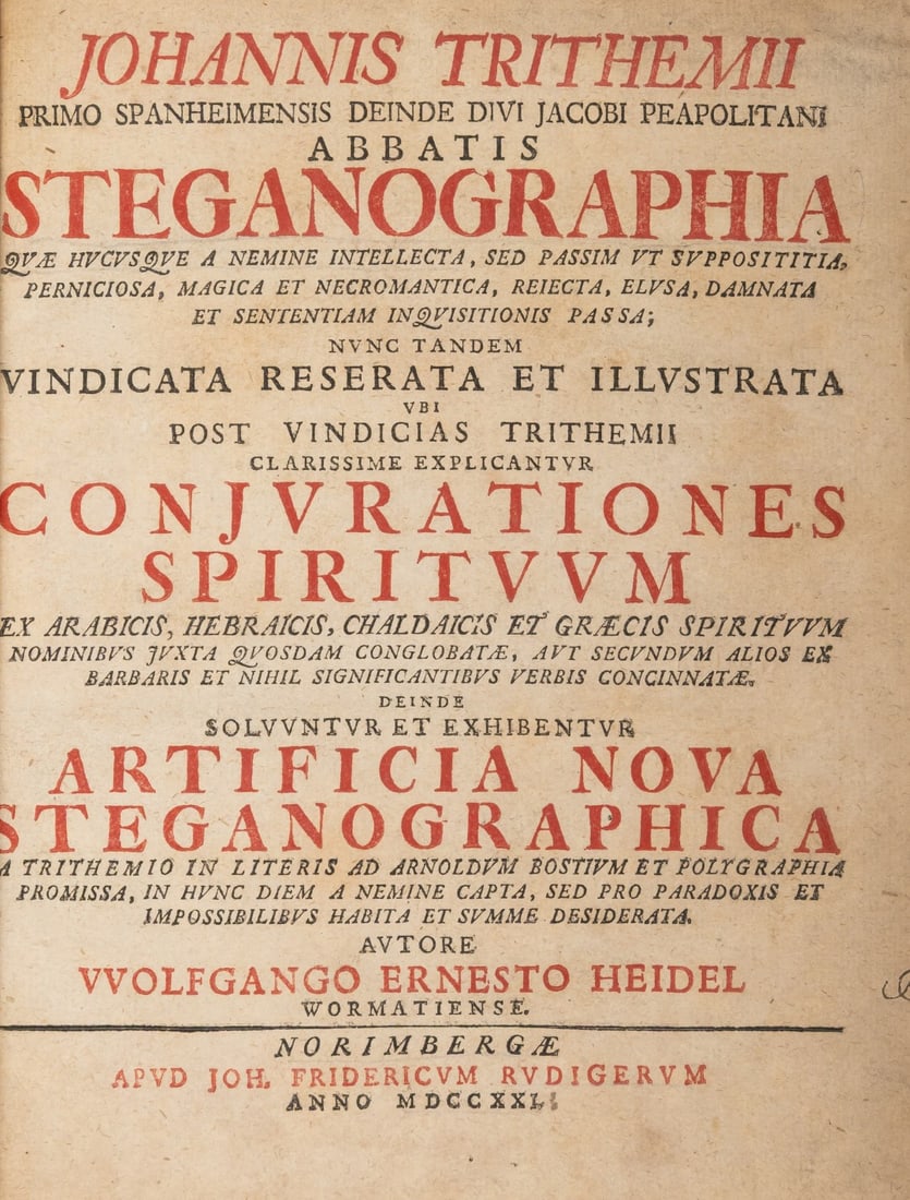 Cryptography.- Trithemius (Johannes) Steganographia..., Nuremberg, Rudiger, 1721. (1 of 1)