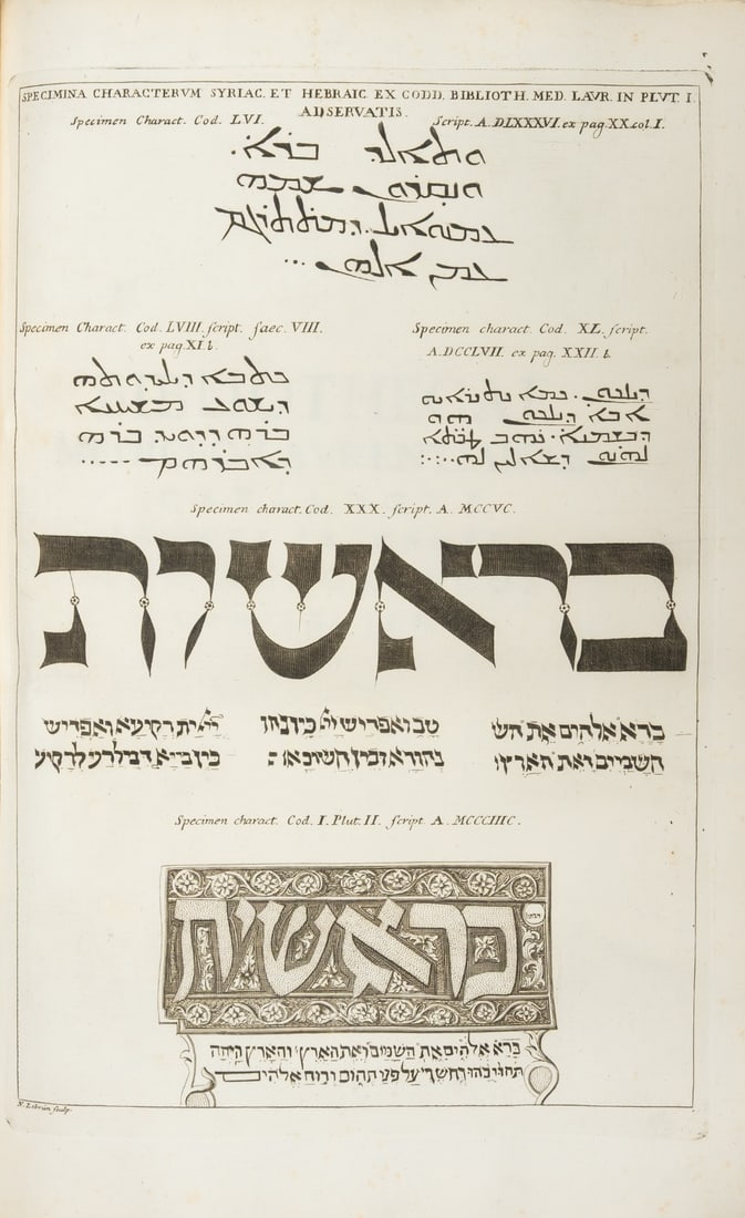 Catalogue.- Hebrew.- Biscioni (Antonio Maria) Bibliothecae Mediceo-Laurentianae Catalogus...Codices: Catalogue.- Hebrew.- Biscioni (Antonio Maria) Bibliothecae Mediceo-Laurentianae Catalogus...Codices Orientales Complectens, 2 vol. in 1, first edition, half-titles, engraved frontispiece and 36