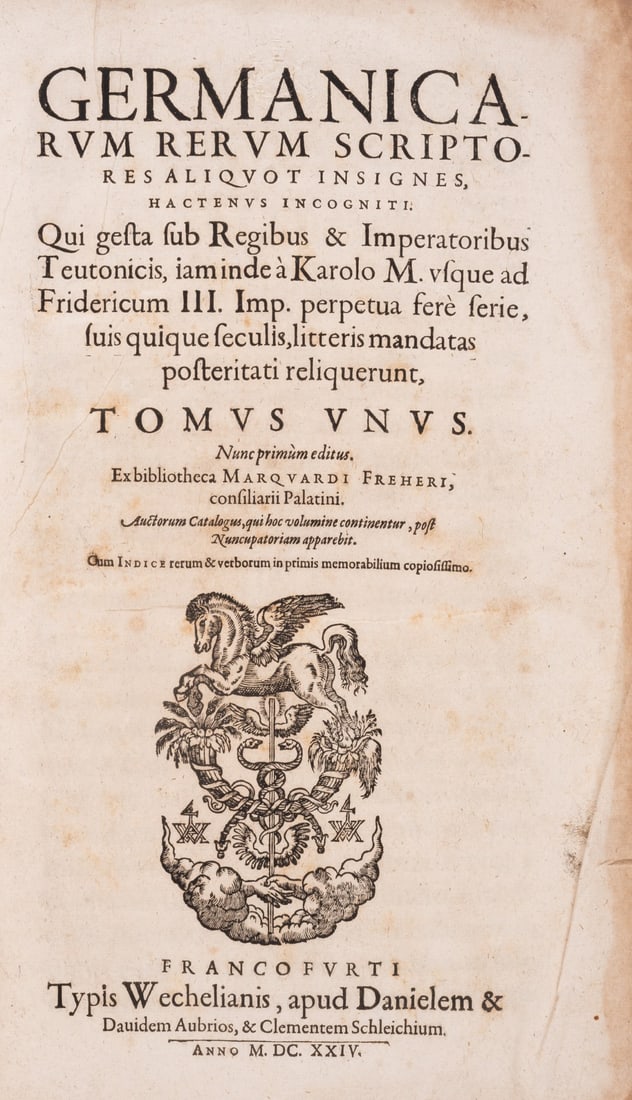 Freher (Marquard) Germanicarum rerum scriptores aliquot insignes, 3 vol., mixed edition, Frankfurt &: Freher (Marquard) Germanicarum rerum scriptores aliquot insignes..., 3 vol., mixed edition, first edition of vol.3, titles with woodcut printer's device, title of vol.1 creased at edges,