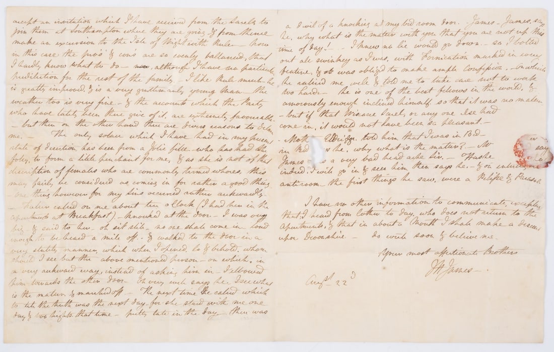 19 century fornication.- James (M.) Autograph Letter to his brother Harry James, ?solicitor of (1 of 1)