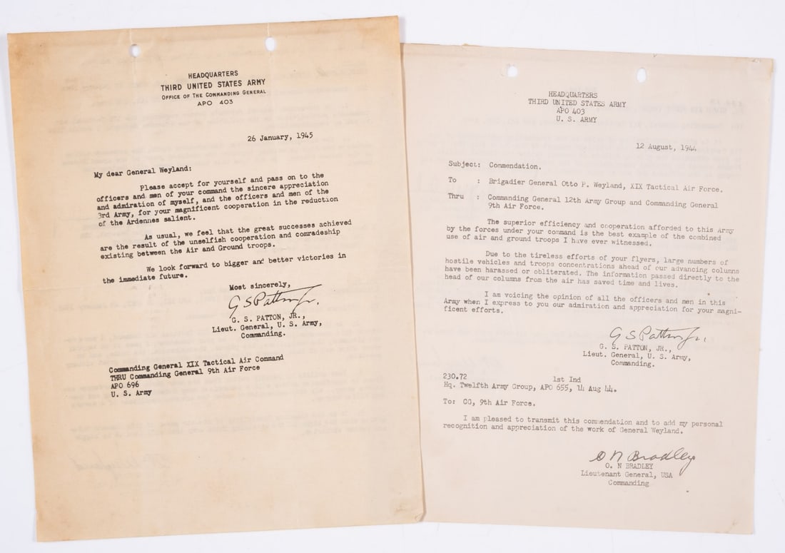Battle of the Bulge.- Patton (George S.) Two Carbon Typescript Letters of commendation from George (1 of 1)
