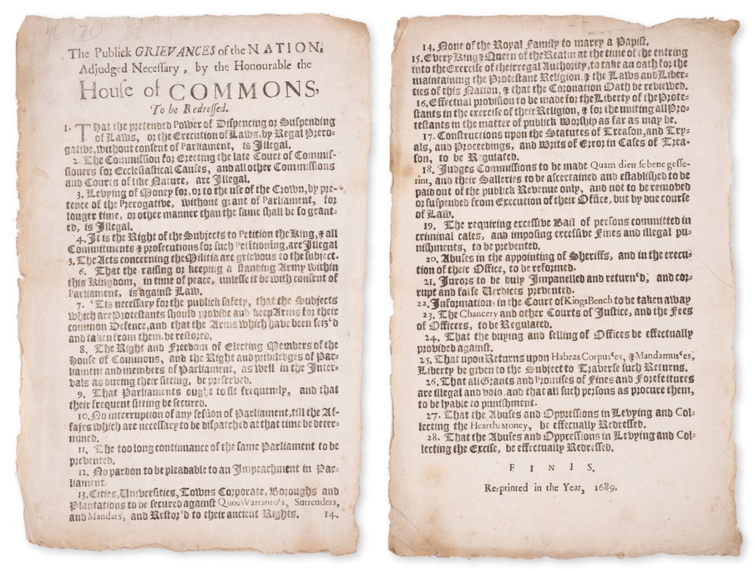 Forerunner to the Bill of Rights.- The publick grievances of the nation, adjudged necessary, by the (1 of 1)
