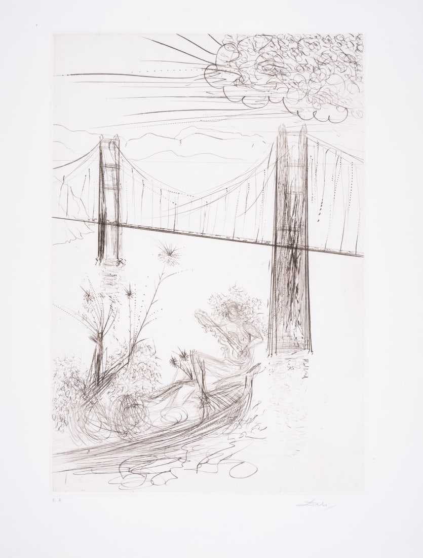 Salvador Dalí (1904-1989) Golden Gate Bridge, from San Francisco (Field 70-4E; M&L437d): Salvador Dalí (1904-1989)Golden Gate Bridge, from San Francisco (Field 70-4E; M&L437d)Etching, 1970, signed and inscribed 'E.A.' in pencil, an artist's proof aside from the edition of 150, printed by