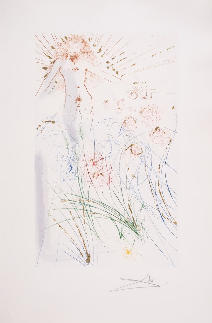 Salvador Dalí (1904-1989) I am my beloved, my beloved is mine: he feedeth among the lillies, from: Salvador Dalí (1904-1989)I am my beloved, my beloved is mine: he feedeth among the lillies, from Songs of Songs of Solomon (Field 71-17J; M&L 477c)Etching with extensive hand colouring with gold dust