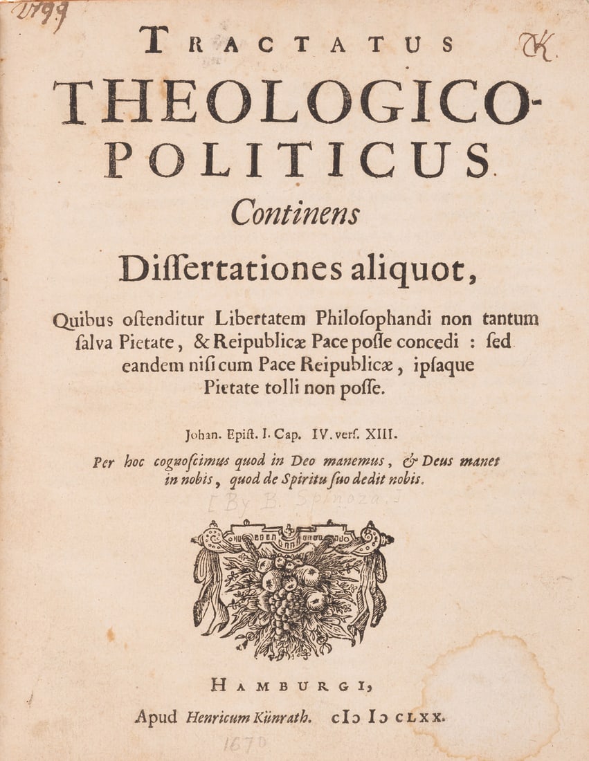 Spinoza (Baruch) Tractatus theologico-politicus, first edition, fifth issue, Hamburg [i.e. (1 of 1)