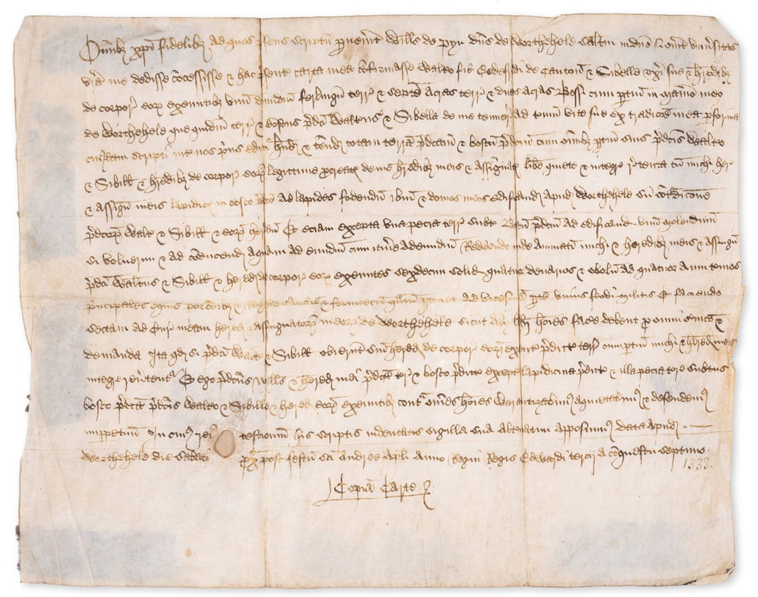 Devon.- Archive of 13 charters, indentures and documents, relating to the de Pyn, Godfray, Prouse, (1 of 2)