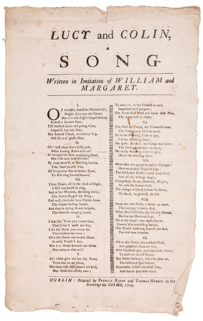 Poetry.- [Tickell (Thomas)] Lucy and Colin, a Song. Written in Imitation of William and Margaret, (1 of 1)