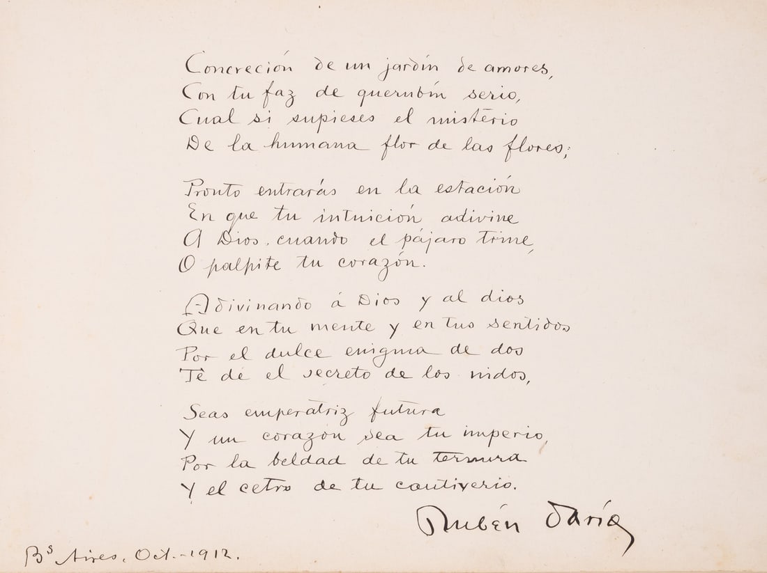 South America.- Dario (Ruben) Autograph manuscript poem, Buenos Aires, 1912; and other autograph (1 of 1)