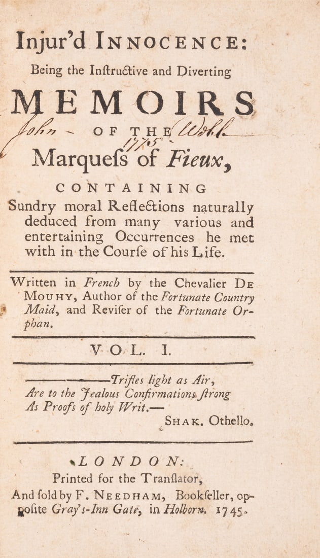 Novel.- Mouhy (Charles de Fieux) Injur'd innocence: being the instructive and diverting memoirs of (1 of 1)