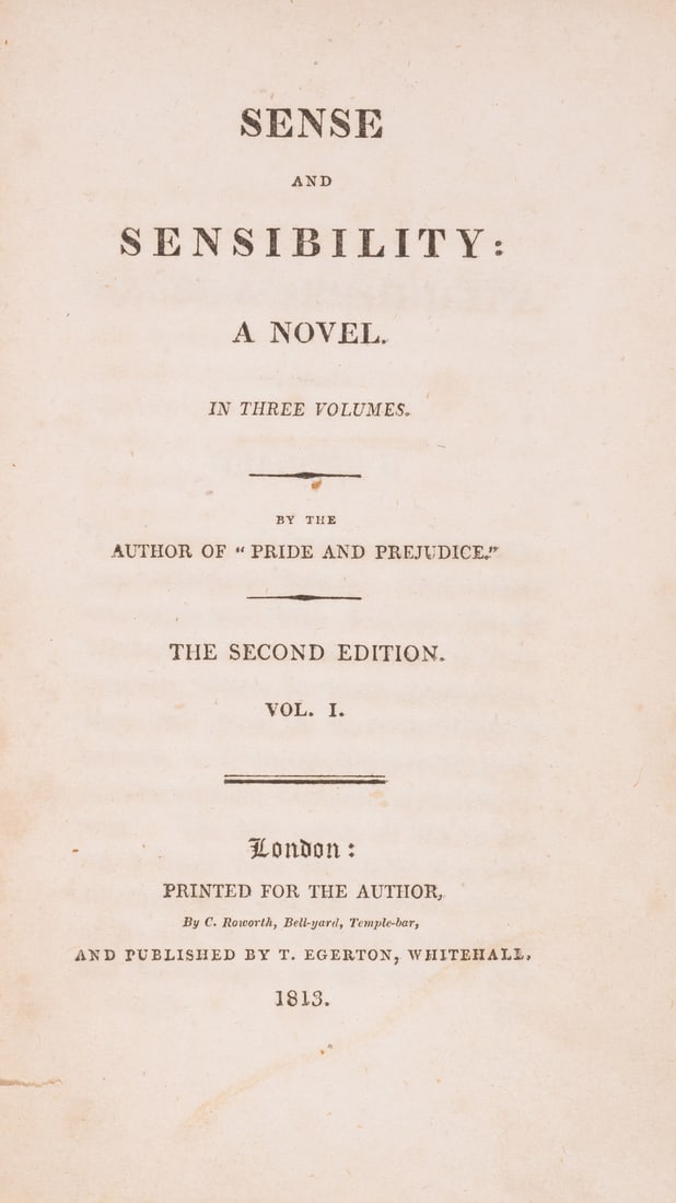 [Austen (Jane)] Sense and Sensibility, 3 vol., second edition, Printed for the Author, 1813. (1 of 1)