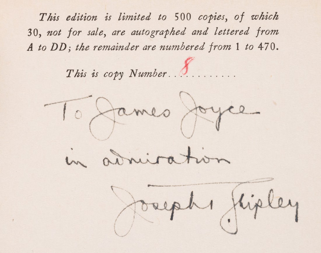 Joyce (James).- Shipley (Joseph T.) King John, first edition, one of 500 copies, signed presentation (1 of 1)