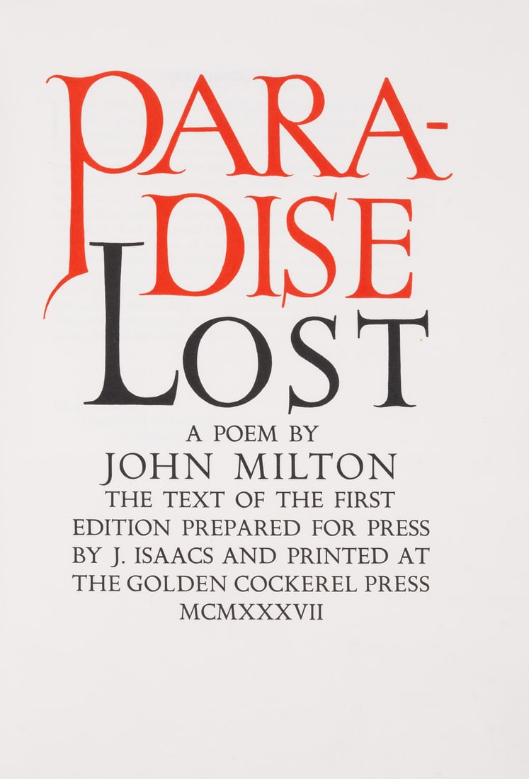 Golden Cockerel Press.- Milton (John) Paradise Lost: A Poem, one of 196 copies on handmade paper, (1 of 1)