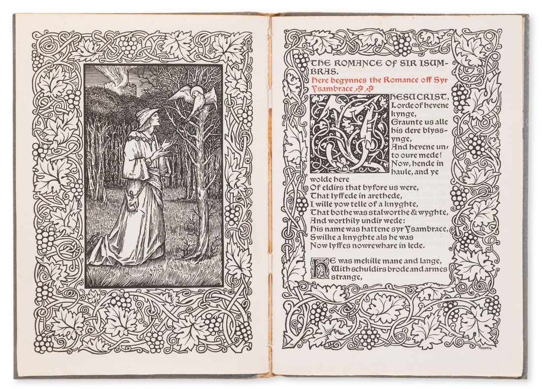Kelmscott Press.- Syr Ysambrace, one of 350 copies on Flower paper, Kelmscott Press, 1897.: Kelmscott Press.- Syr Ysambrace, edited by F. S. Ellis, one of 350 copies on Flower paper, printed in red and black in Chaucer type, wood-engraved frontispiece designed by Edward