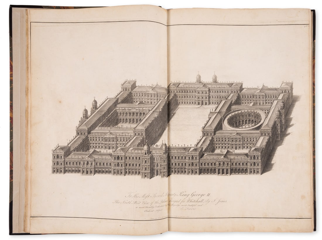 Designs (The) of Inigo Jones, Consisting of Plans and Elevations for Public and Private Buildings, 2: Designs (The) of Inigo Jones, Consisting of Plans and Elevations for Public and Private Buildings, 2 vol. in 1, second edition, additional printed title, engraved portrait o